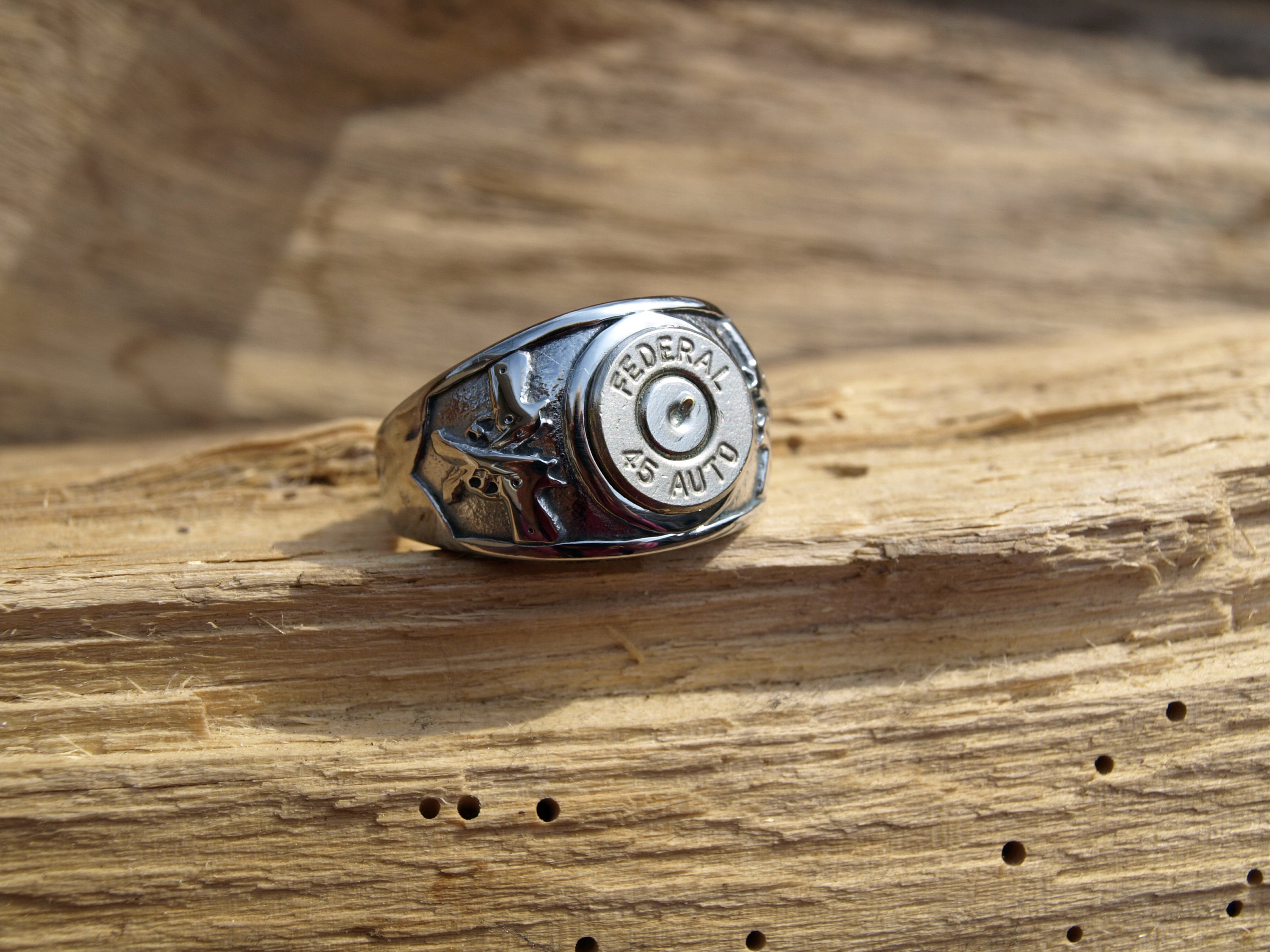 Stainless Steel Bullet Ring With Hand Guns and Nickel 45 Auto Bullets ...