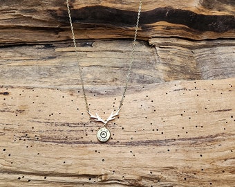 Gold Stainless Steel Deer Antler Necklace with Bullet Charm. Your Choice of 9, 38, 357 or 40 Caliber. Optional Crystal.