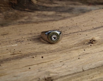 Ladies Handmade Thin Band Stainless Steel "9 mm Bullet Ring" Comes with Brass 9 Bullet and Your choice of Swarovski Crystal