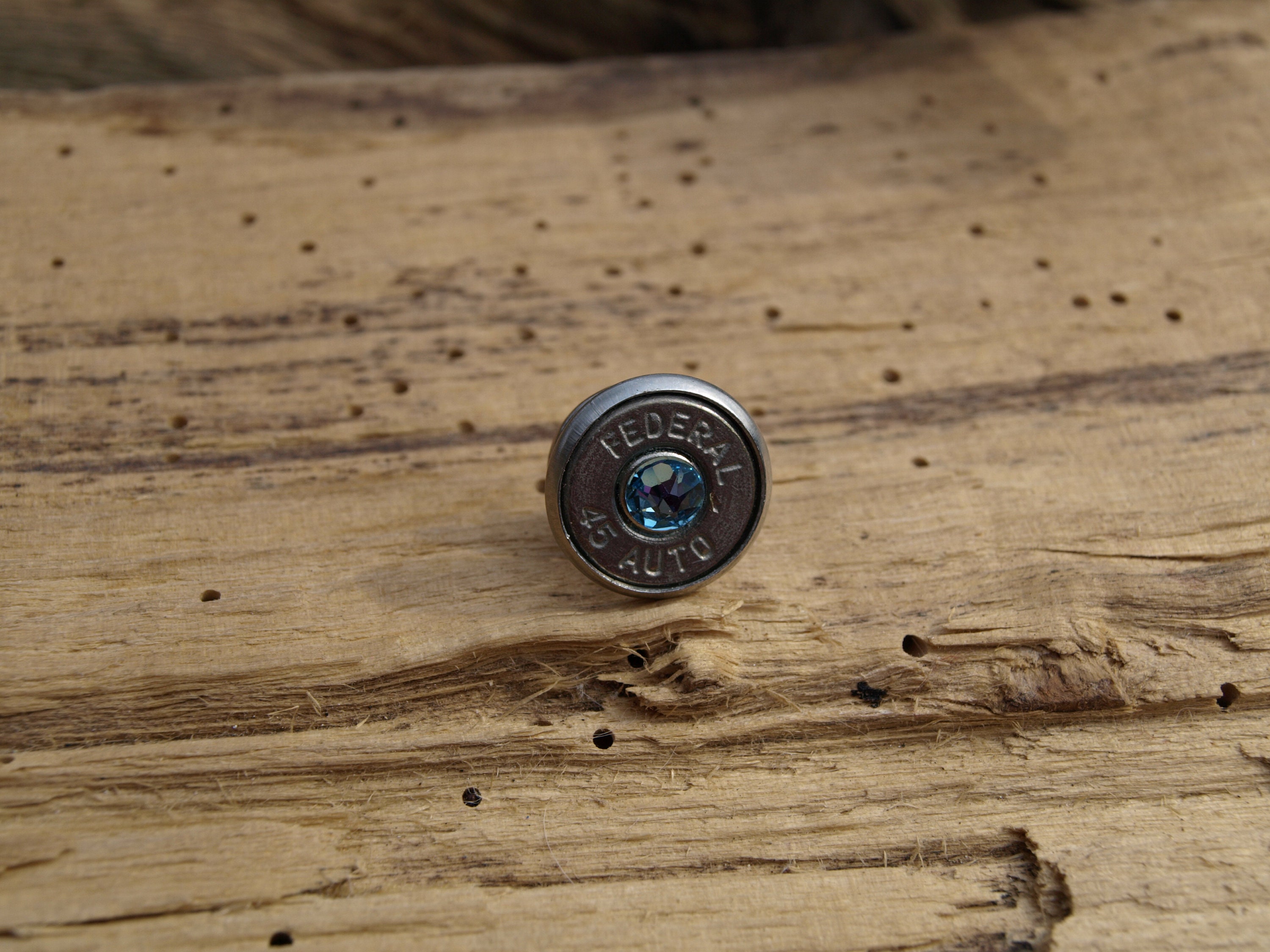 Stainless Steel or Antique Gold Cabochon 45 Auto Bullet Tie Tack. Optional Swarovski Crystals