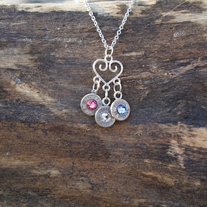 Mothers MULTIPLE Bullet Necklace. Heart Pendant and 3 Bullet Birthstone Crystals.  Buyer must contact seller with crystal choices.  N308