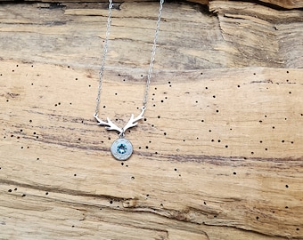 Silver Stainless Steel Deer Antler Necklace with Bullet Charm. Your Choice of 9, 38, 357 or 40 Caliber. Optional Crystal.