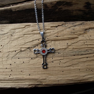 Stainless Steel Cross Bullet Necklace with Heart Designs. Optional Swarovski Crystal. Your choice of Bullet. N399