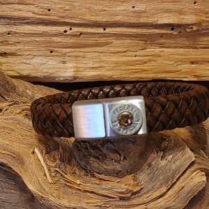 New Vintage Coffee Leather Bullet Bracelet with Slider Magnet Opener. Your choice of 380, 9, 38, 357, or 40 Caliber Bullet. Optional Crystal
