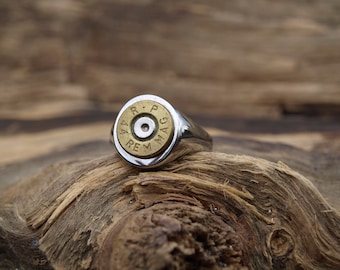 Handmade Stainless Steel Oval Top "44 Mag Bullet Ring"