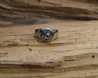 Ladies Handmade Thin Band Stainless Steel &quot;9 mm Bullet Ring&quot; Comes with Nickel 9 Bullet and Your choice of Swarovski Crystal