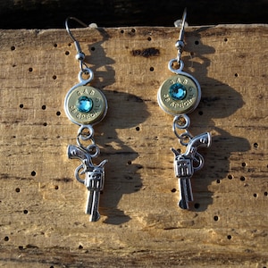Fashion Dangle Bullet Earrings with Revolver Charm. Optional Swarovski Crystal. Your choice of Bullet. E508