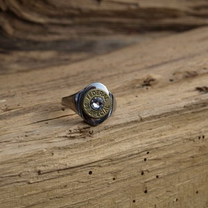 Handmade Stainless Steel &quot;38 Special Bullet Ring&quot; Comes with Brass 38 Bullet and Your choice of Swarovski Crystal