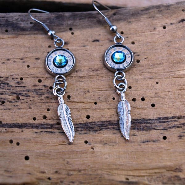 Handmade Stainless Bullet Earrings with Feather Charms and 9 mm Bullets. Optional Crystals Es644