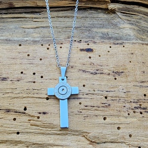 Small Stainless Steel Bullet Cross Necklace. Your Choice Brass or Nickel 380 Caliber Bullet. Optional Crystal.