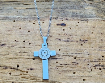 Small Stainless Steel Bullet Cross Necklace. Your Choice Brass or Nickel 380 Caliber Bullet. Optional Crystal.