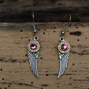 Handmade Silver Dangle Earrings with 380 bullets on Small Wing Charms. Nickel or Brass 380 Bullets. With or without Swarovski Crystals.E-568