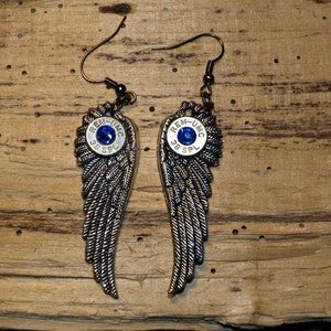 Large Antique Silver Bullet Wing Earrings - Brass or Nickel 38, 357 or 40 Caliber Bullets. Optional Crystals