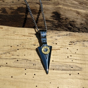 Heavy Duty Stainless Steel Bullet Arrow Necklace. Your Choice of 380 or 9 Caliber Bullets.  With or without Swarovski Crystals. N-3012