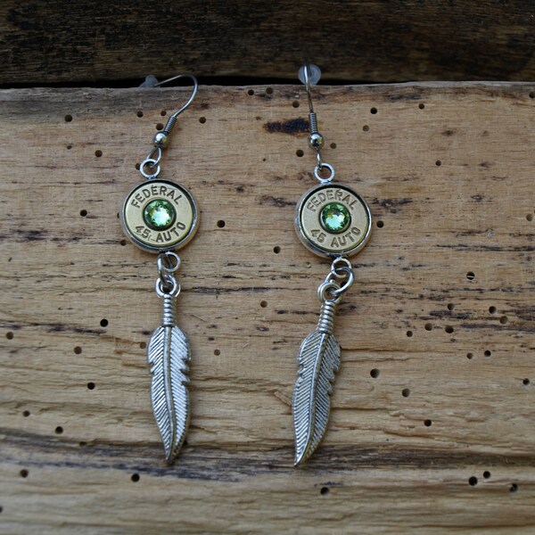 Handmade Stainless Bullet Earrings with Long Feather Charms and 45 Auto Bullets. Optional Swarovski Crystals Es638