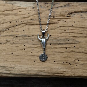 Handmade Bullet Necklace with Bull Head Pendant and 9 mm Bullet Charms. Optional Crystal.