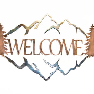 Metal Mountain Welcome Sign: Rustic Patina Decor