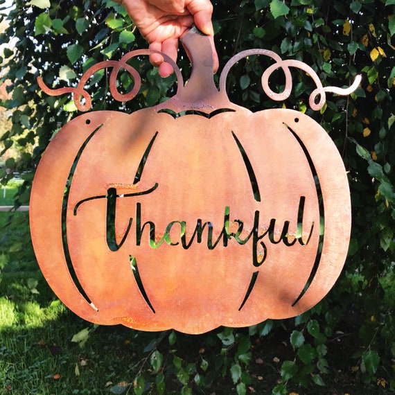 Thankful Pumpkin Sign | Pumpkin Decor | Farmhouse Fall Decor | Thankful Sign | Thanksgiving Hostess Gift | Metal Pumpkin | Rustic Fall Decor