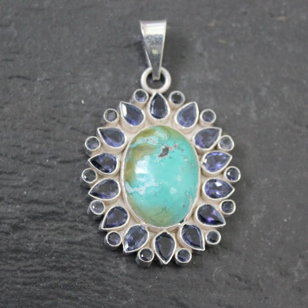 Turquoise with Amethyst spiral Pendant set in sterling silver