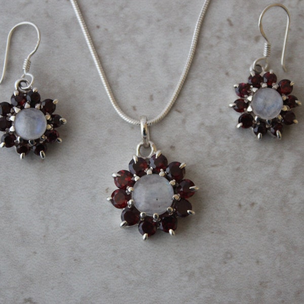 Garnet with Moonstone Pendant Set with Earrings
