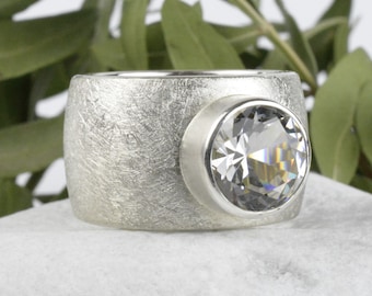 Silver ring 14 mm wide with rock crystal 10 mm| Silver band ring | Wide ring ice matt personalized