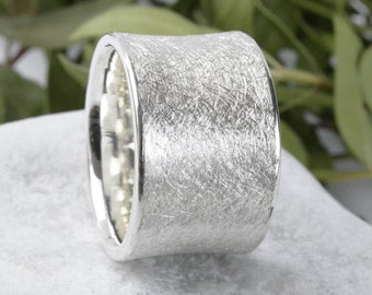 Wide silver ring 14 mm ice matt Band ring made of silver concave