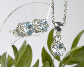 Jewelry set stud earrings + pendant + chain made of silver with blue topaz 5 mm with gift packaging