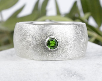 Silver ring with tourmaline 3 mm | Band ring in silver 10 mm wide personalized Frosted ring