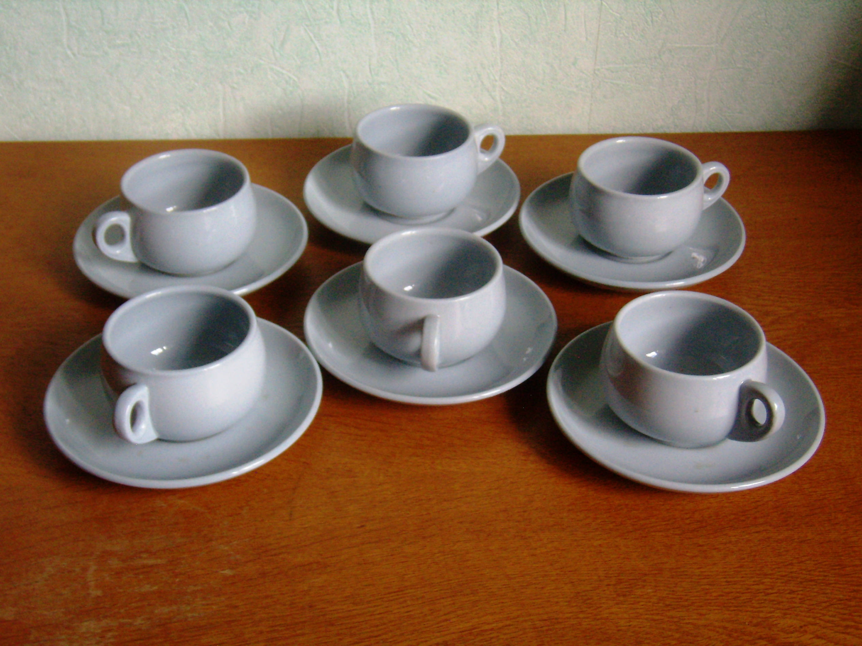 6 Tasses à Café ou Thé, Faience, Céramique, Gris-Bleu, avec Soucoupes, French Vintage