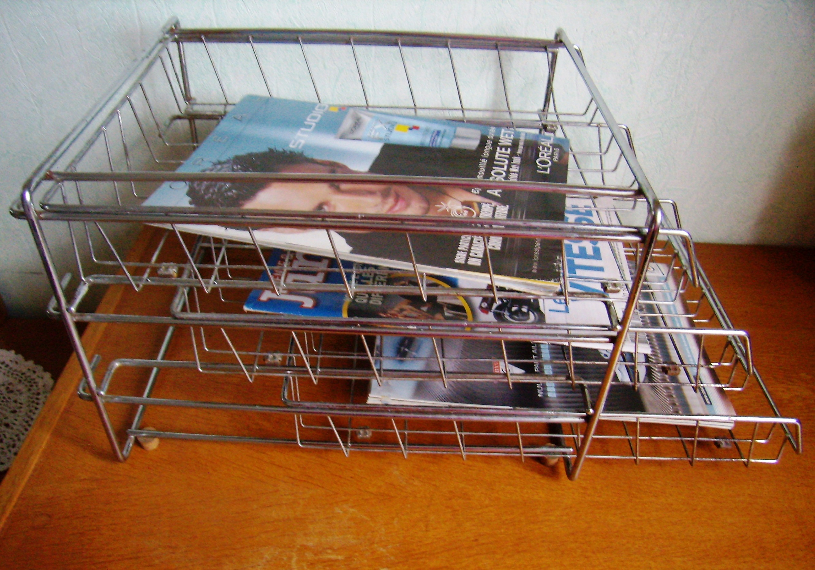 Organisateur de Bureau, Vintage 1960, 3 Paniers Métalliques, Tiroirs/Casiers en Fil Fer, Rangement, 