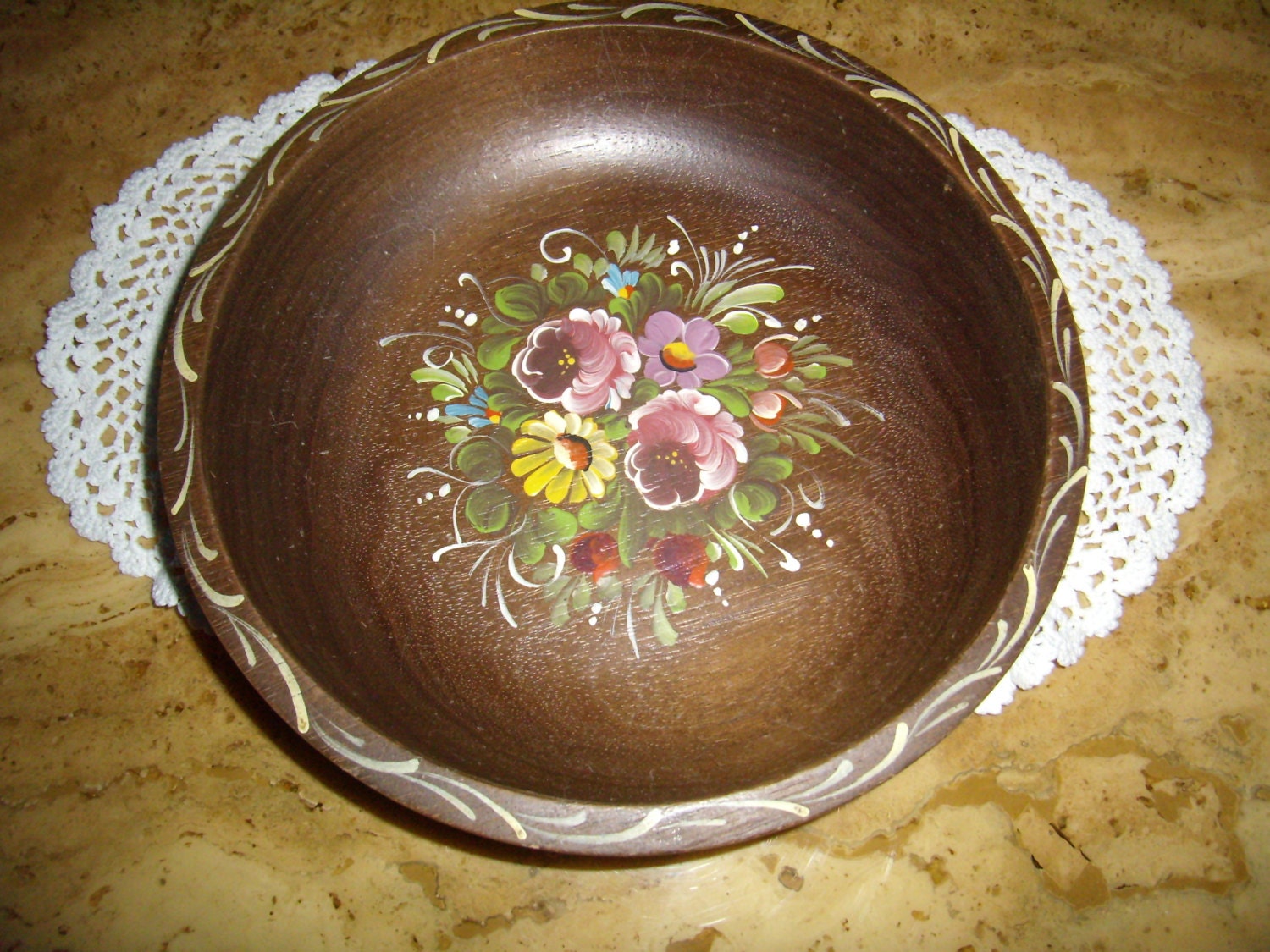 Assiette en Bois Décoré Main, Plat Creux, à Gateaux, Panière, Coupe Fruits Vintage 190