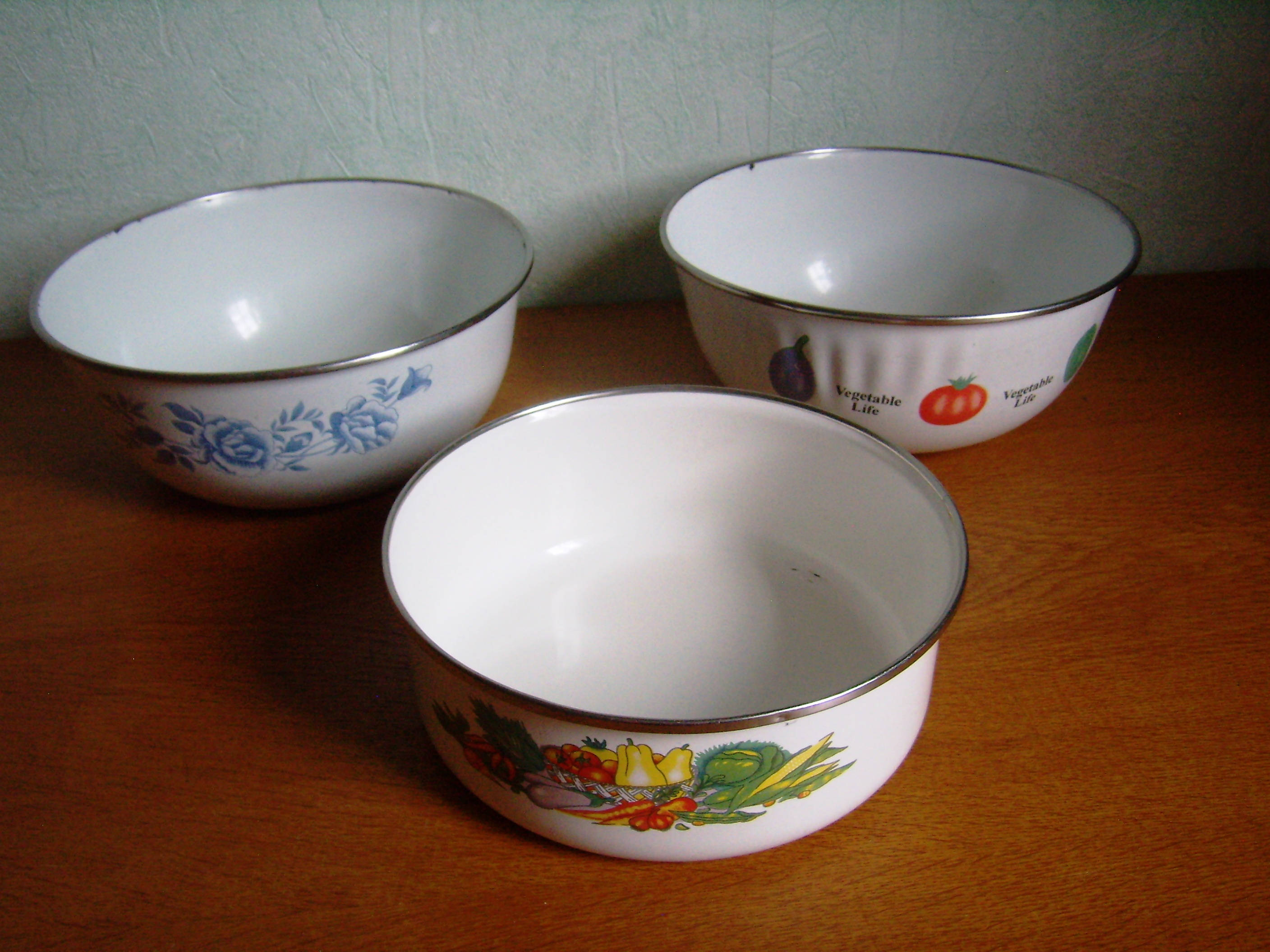 3 Bols Métal Émaillé, Imbrication, French Vintage, Décor Fruits, Fleurs et Légumes