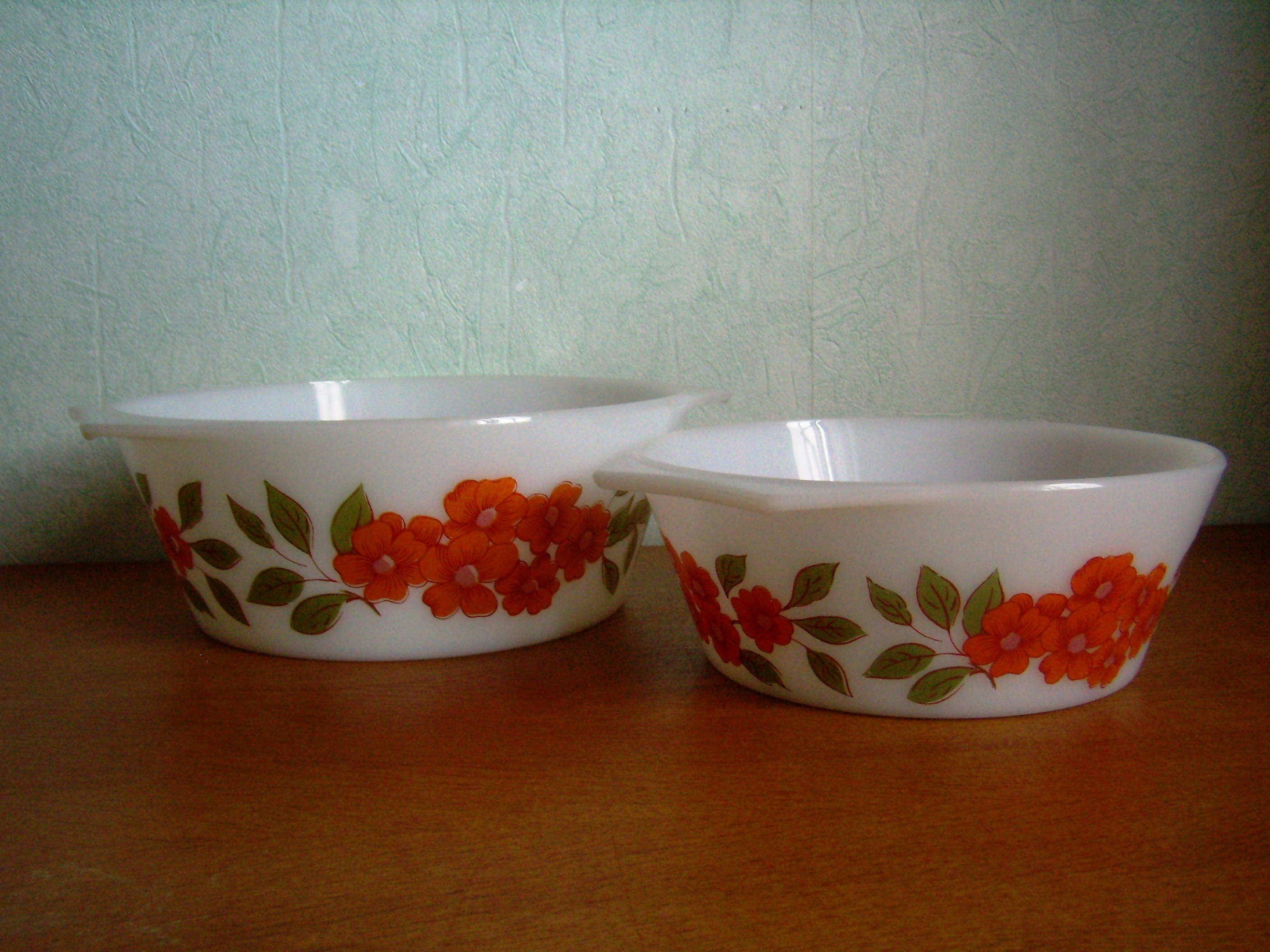 2 Légumiers Arcopal, Décor Fleurs Oranges, Vintage 1970, France