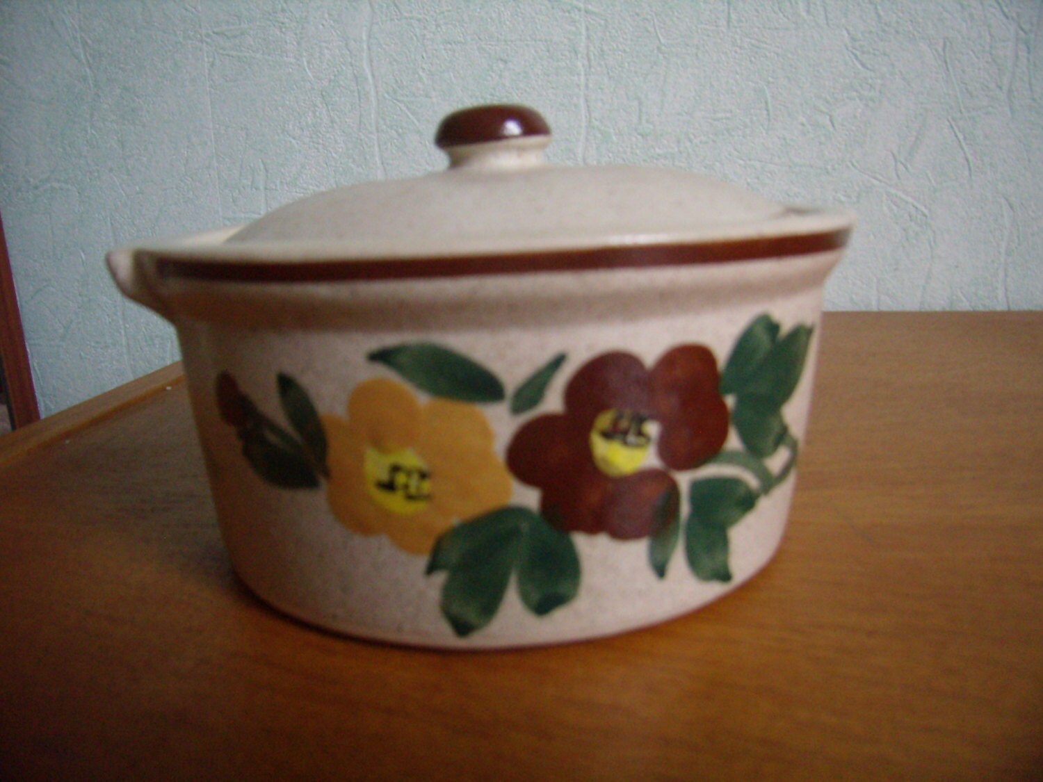 Petite Cocotte avec Couvercle, Grès Émaillé, Poterie, Four, Décor Fleur, Compotier, Sucrier, 1980