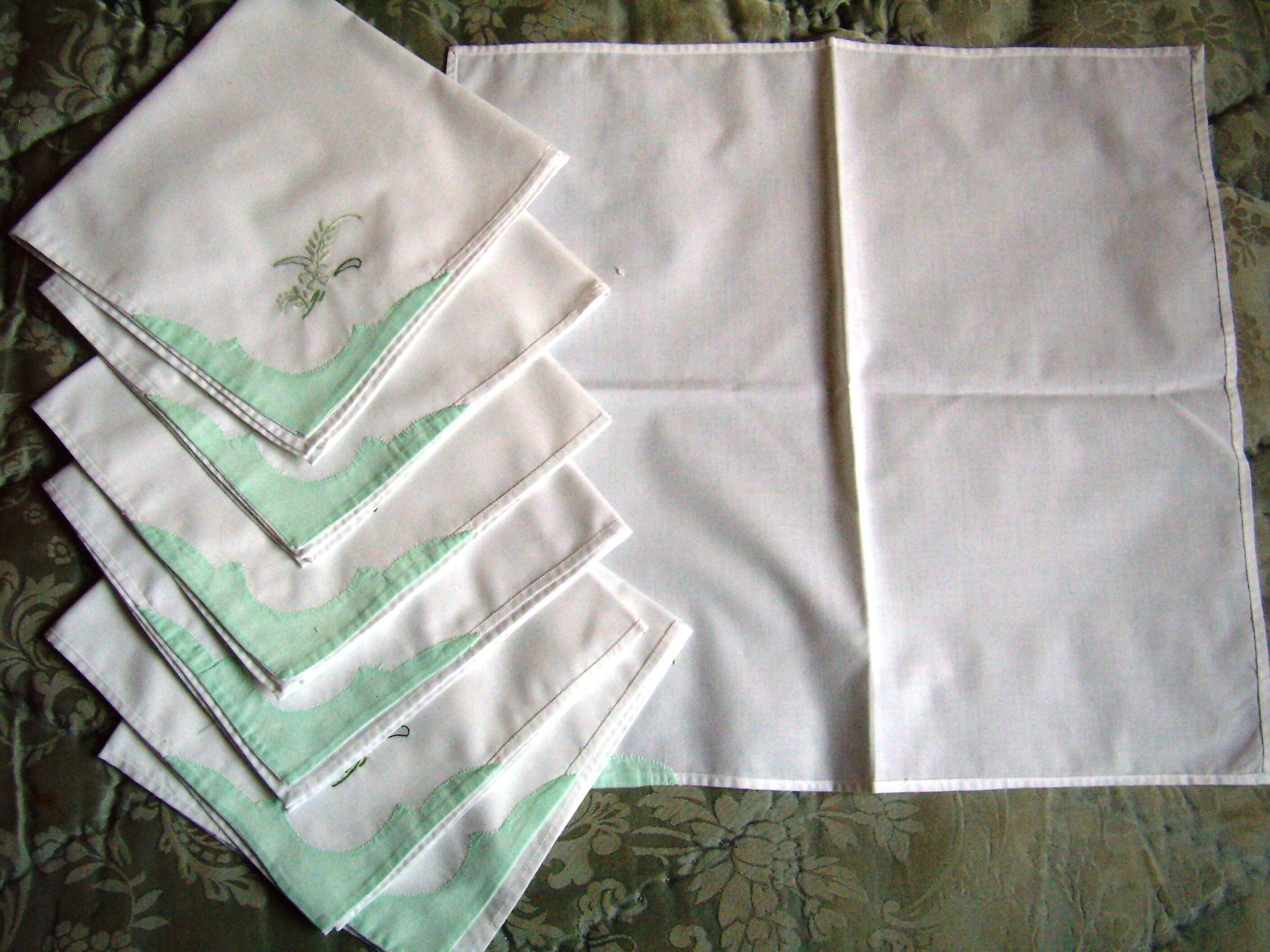 Serviettes de Table Français, Linge Vintage Blanc, Broderie Fleur Vert, Lot 6 Pièces