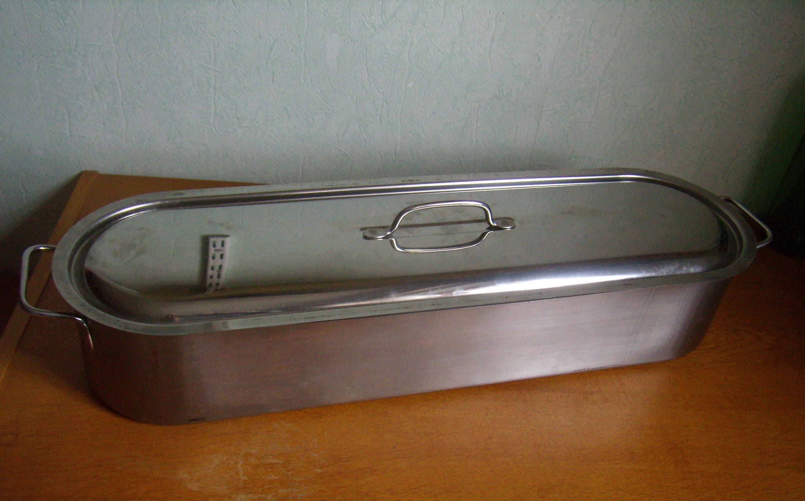 Poissonnière Antique en Aluminium Pur, avec Grille et Couvercle, Longueur 60 cm/23