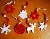 Lot of 7 fir decorations, Christmas decoration, Christmas tree suspension: star, flake, ball, reindeer, red and white felt