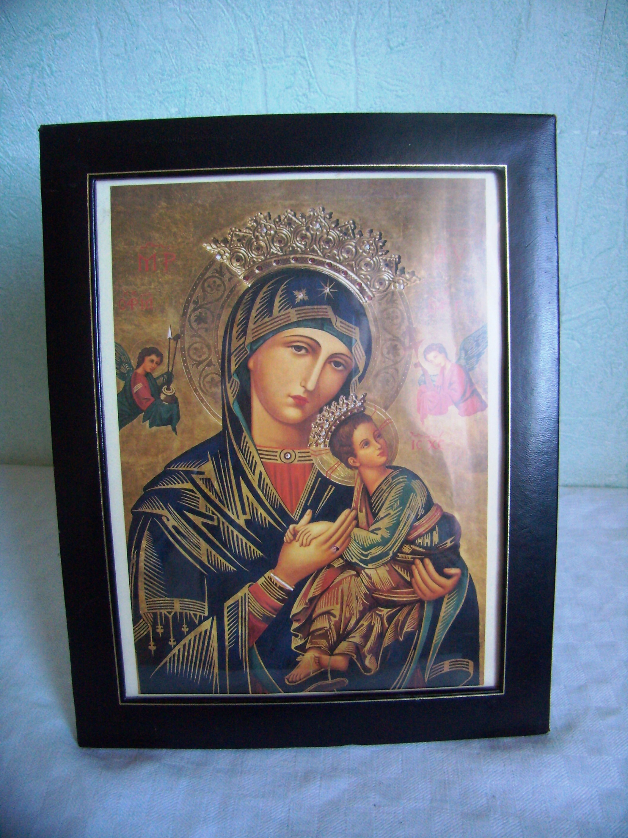 Petit Tableau Religieux , Icone Imprimée, Cadre Faux Cuir Noir, Cadre à Poser, Vintage 1980