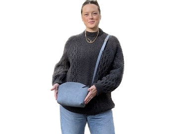 Small Blue Zippered Leather Crossbody | Blue Pebbled Leather