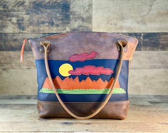 Large Mountain Scene Curved Top Zippered Tote | Kodiak Leather | Computer Bag