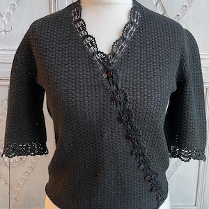 Vintage 1950s Wrap Style Knit, Crochet Top Black UK 8-10