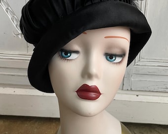Vintage 1930's Cloche Hat - Black Satin with Feathers by Tinny Plum, Germany.