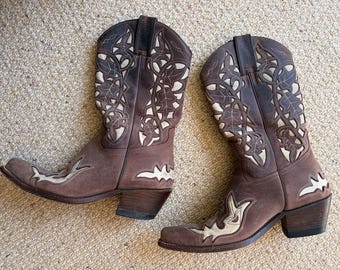 Sancho Vintage Cowboy/Cowgirl Boots - Women light brown and cream UK size 4.5-5