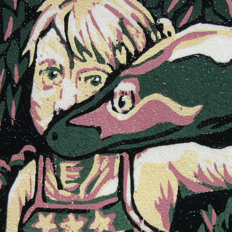 Girl With a Snake, Mini Woodcut Relief Print, Framed image 2