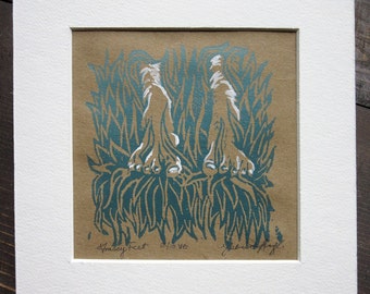 Met gras begroeide voeten, Mini Woodcut Relief Print, gematteerd