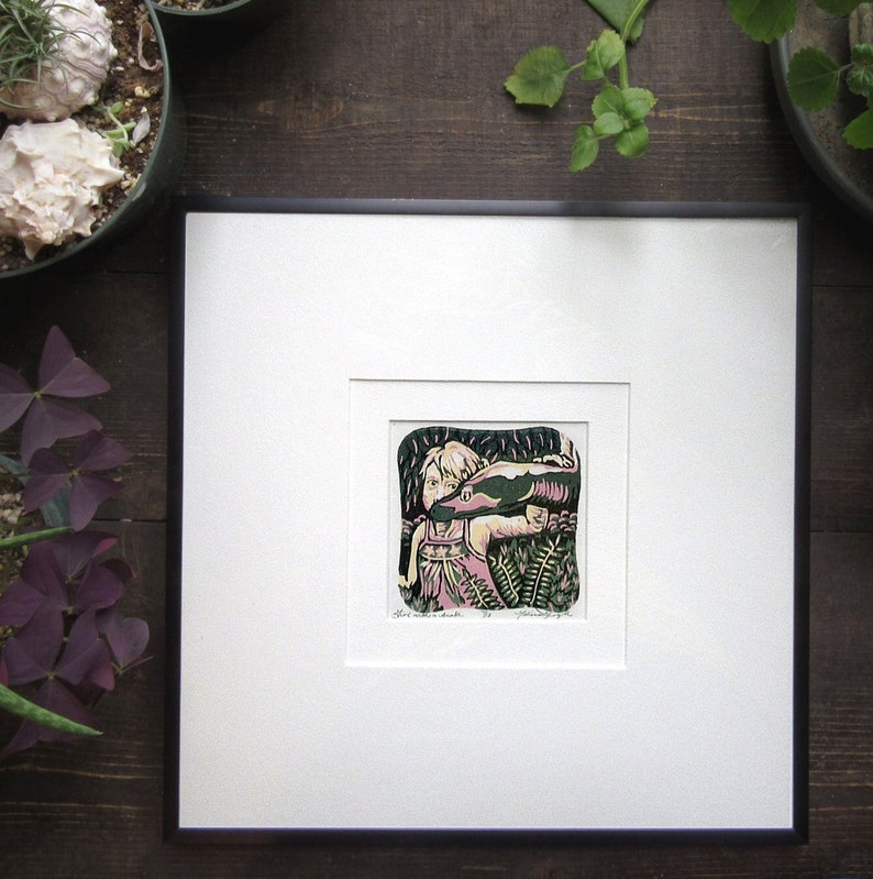 Girl With a Snake, Mini Woodcut Relief Print, Framed image 1