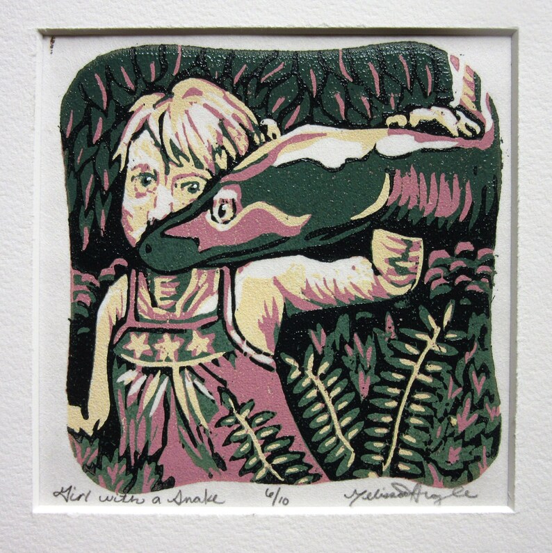 Girl With a Snake, Mini Woodcut Relief Print, Framed image 5