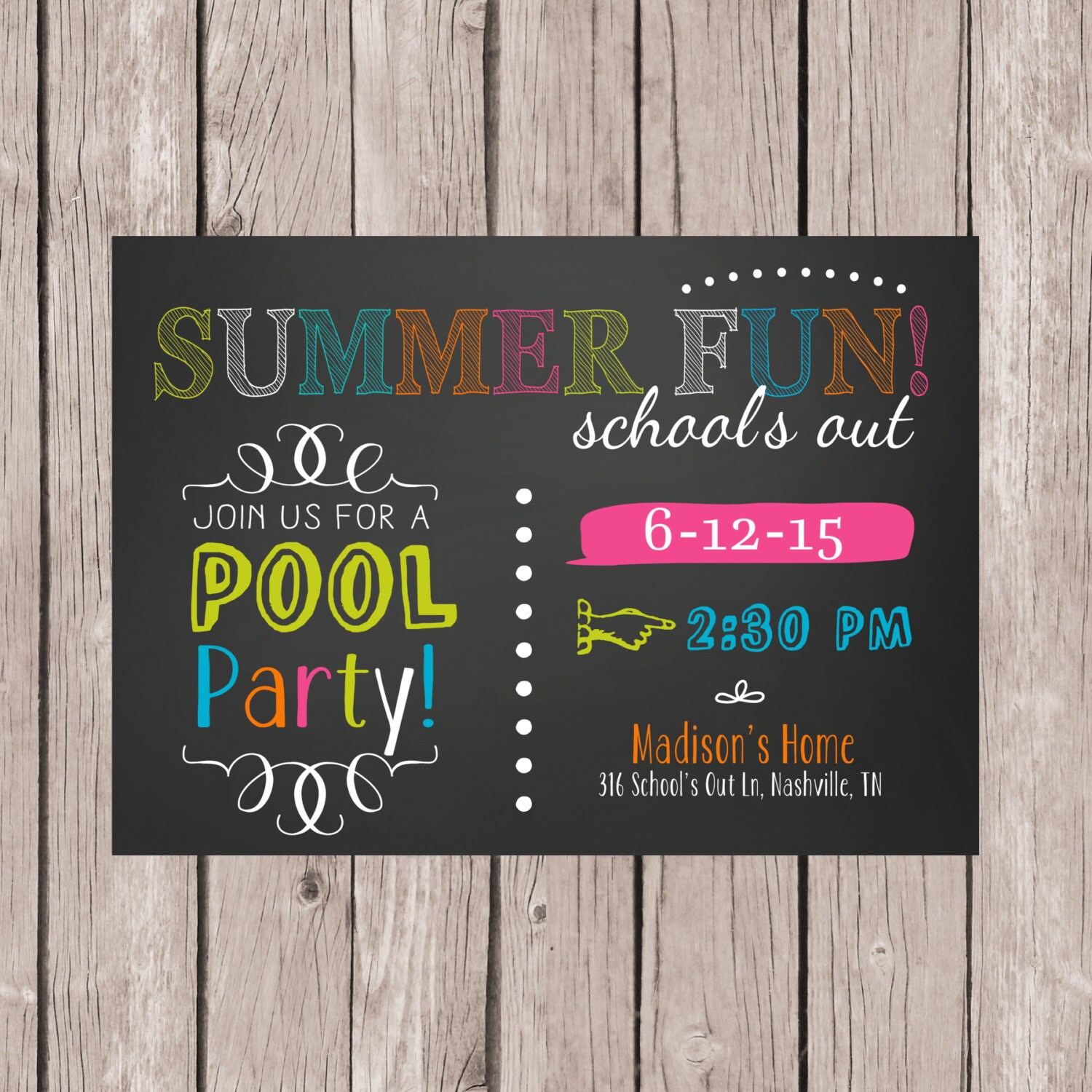 DIY PRINTABLE Neon Chalkboard Pool Party Invite Etsy