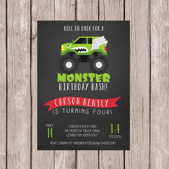 DIY PRINTABLE Monster Truck Birthday Card Chalkboard Green | Etsy