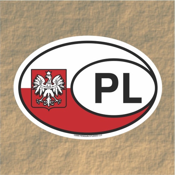 Sticker: Oval Shaped White and Red Poland Sticker With Eagle Emblem and PL International Designation